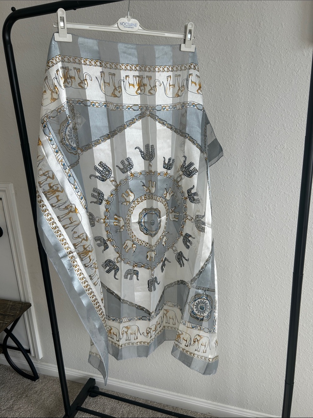 Grey & White Printed Silk feel scarf with Gold Accents